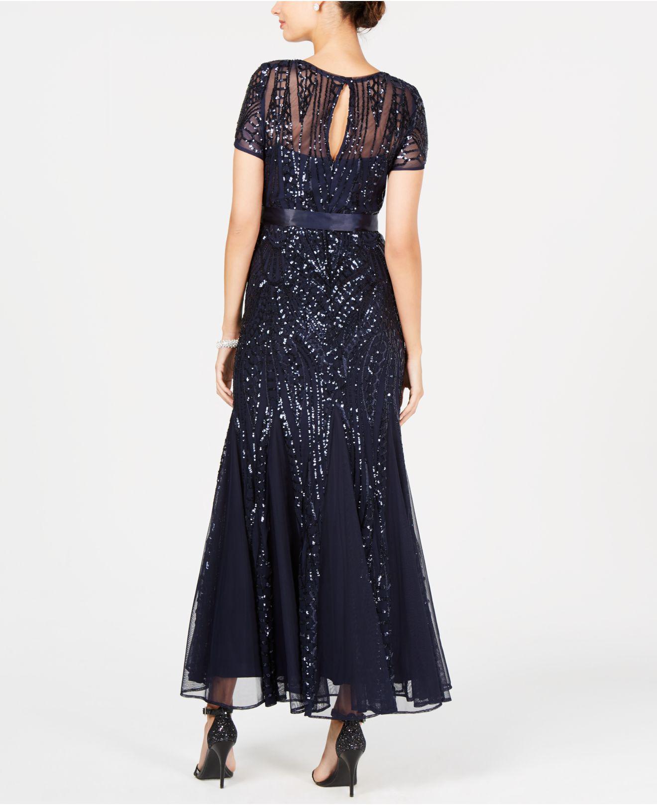 R & M Richards Satin Embroidered Sequin Panel Gown in Navy (Blue) - Lyst
