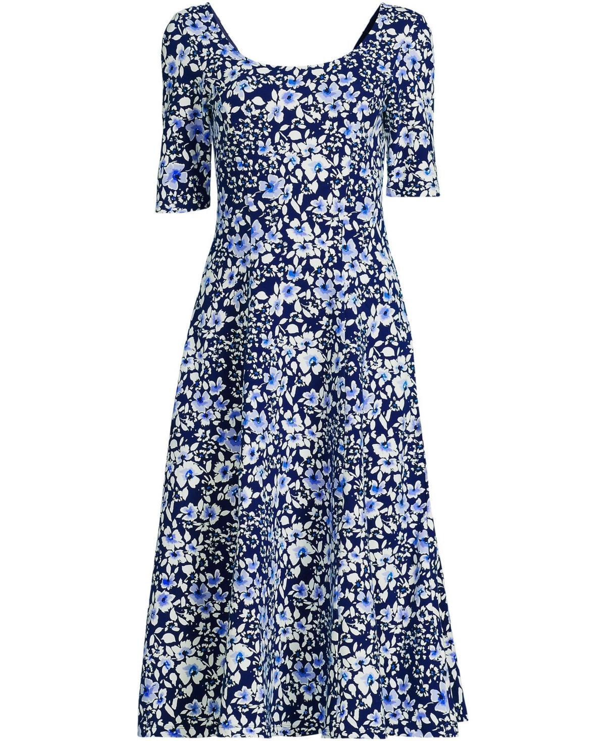 lands end fit flare dress Lands End Fit & Flare Dress XL (18) Green White Print Cotton Jersey Ruched Midi