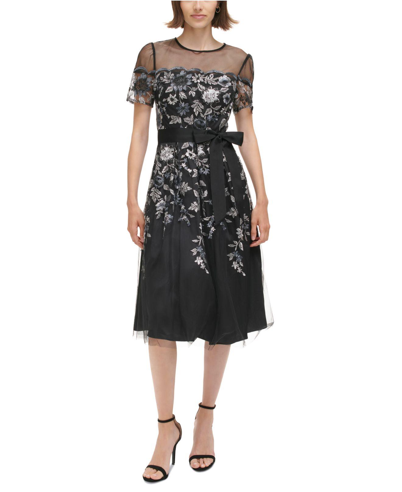 Eliza J Illusion Neck Embroidered Mesh Dress In Black Lyst 8111