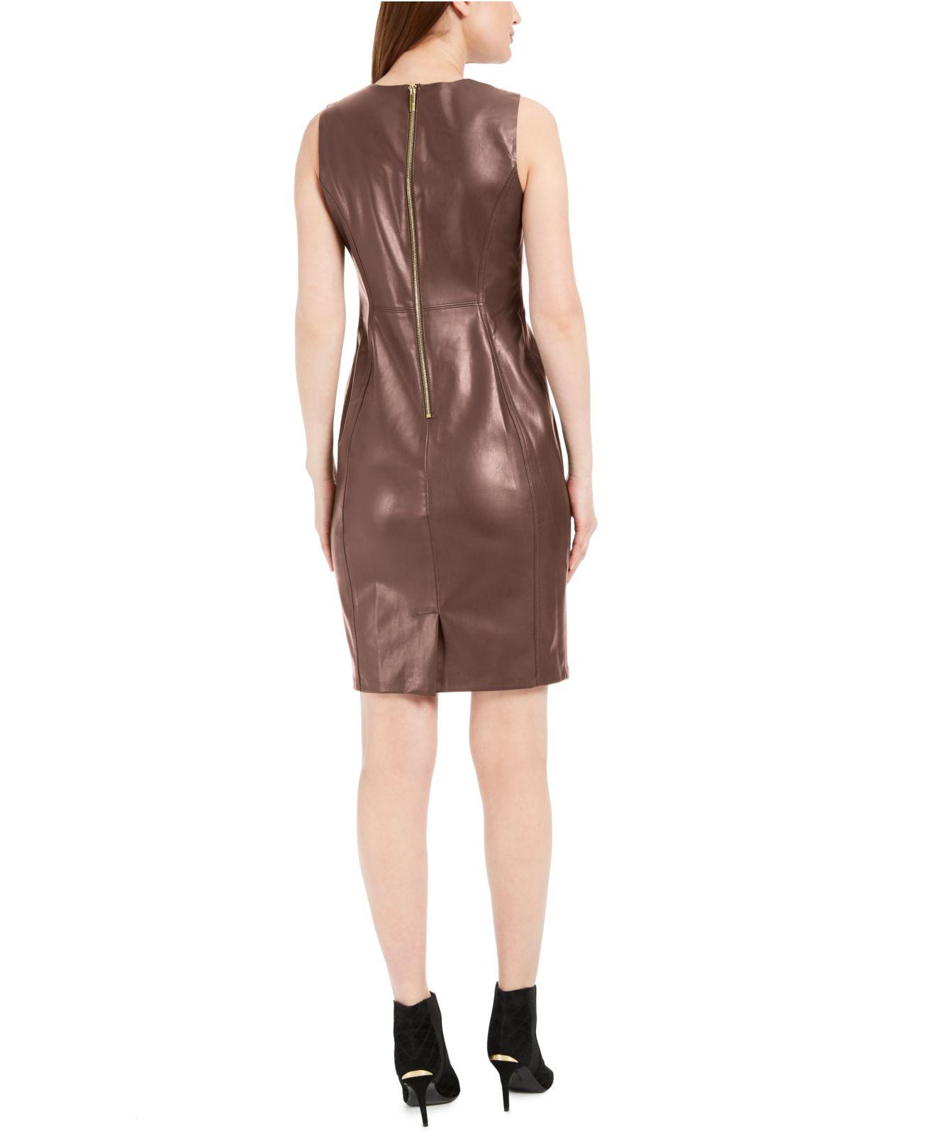 Calvin Klein Faux Leather Sheath Dress In Brown Lyst