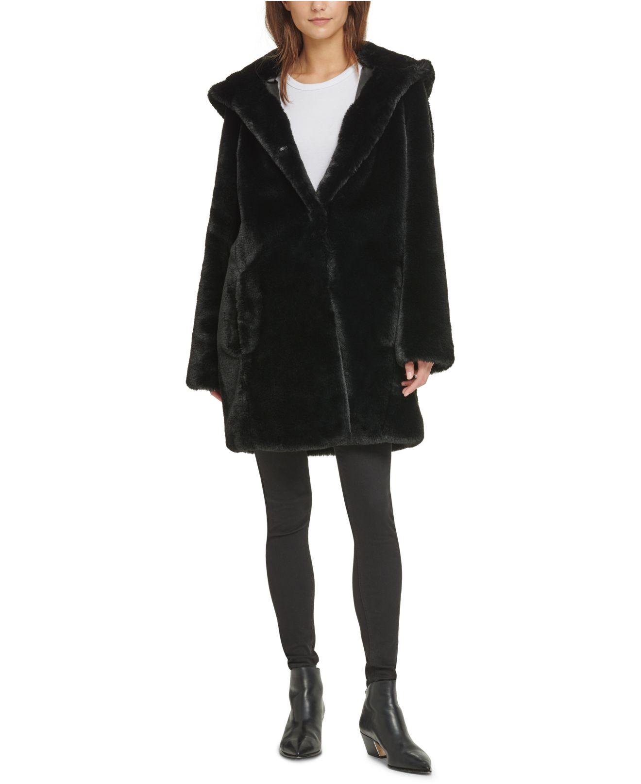 DKNY Hooded Faux-fur Coat in Black - Lyst