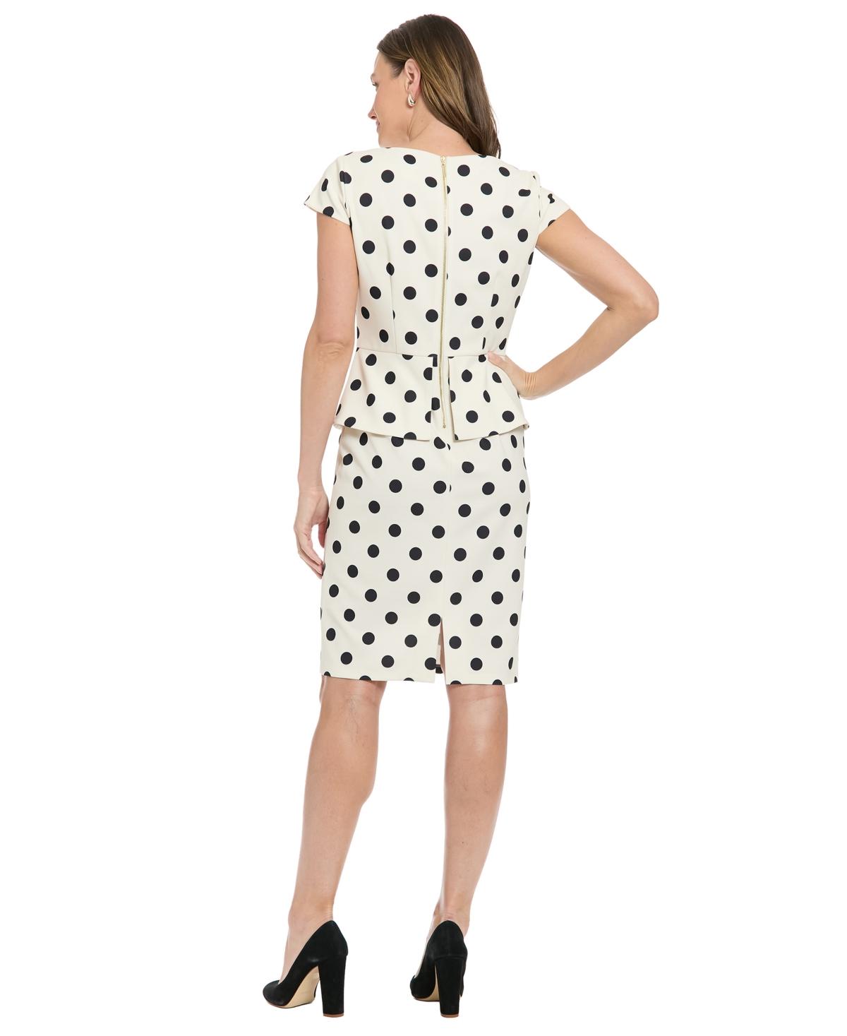 London Times Polka Dot Peplum Boat Neck Knee Length Dress in White
