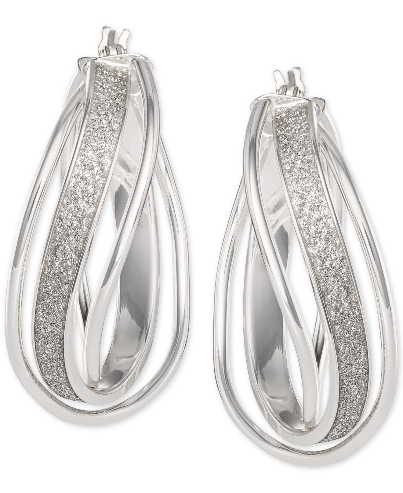 Macy's Glitter Teardrop Hoop Earrings In Sterling Silver in Metallic Lyst