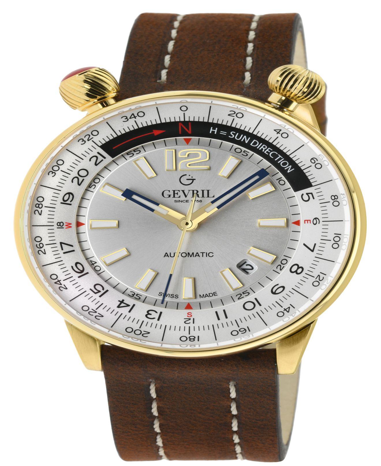 Gevril Wallabout Swiss Automatic Italian Brown Leather Strap Watch 44mm