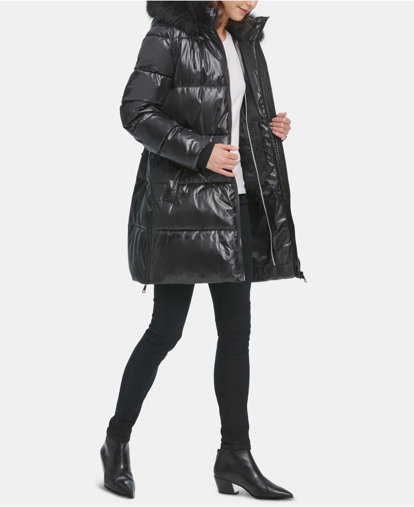 DKNY High-shine Faux-fur-trim Hooded Puffer Coat in Black ...