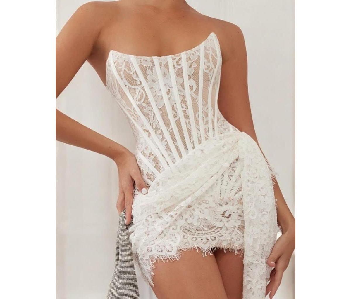 white lace corset draped mini dress WHITE LACE CORSET DRAPED MINI DRESS
