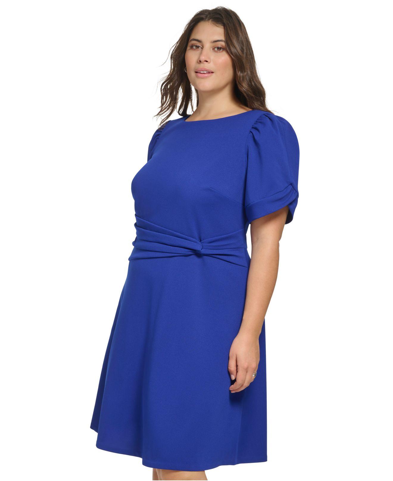 DKNY Plus Size Knot-trim Fit & Flare Dress in Blue |
