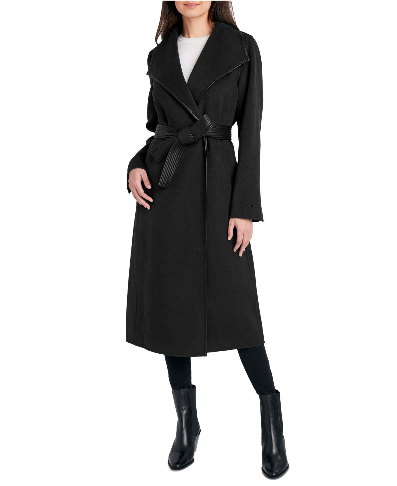 Tahari Petite Faux-leather-trim Wrap Coat in Black | Lyst
