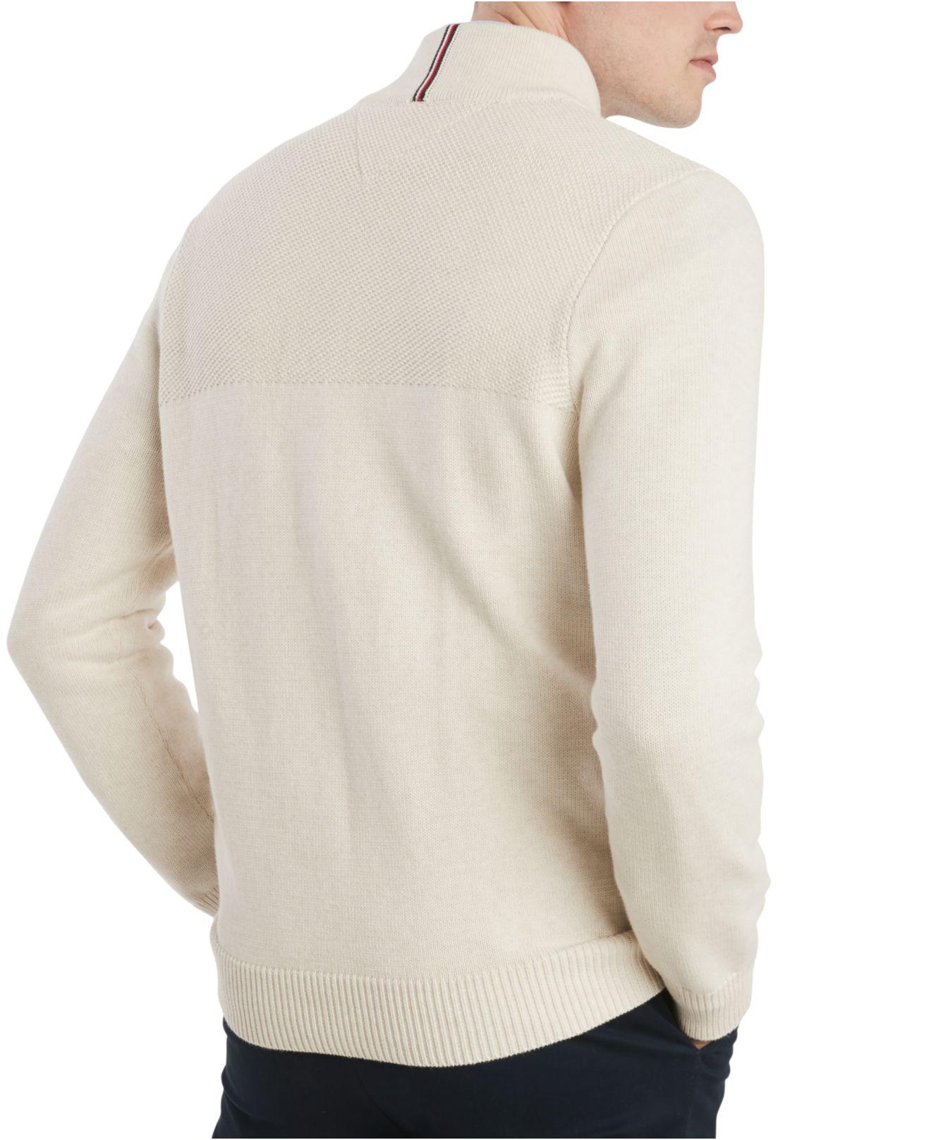 Tommy Hilfiger Men/'s Off White//Ivory Heather Full Zip Baseball Sweater Jacket