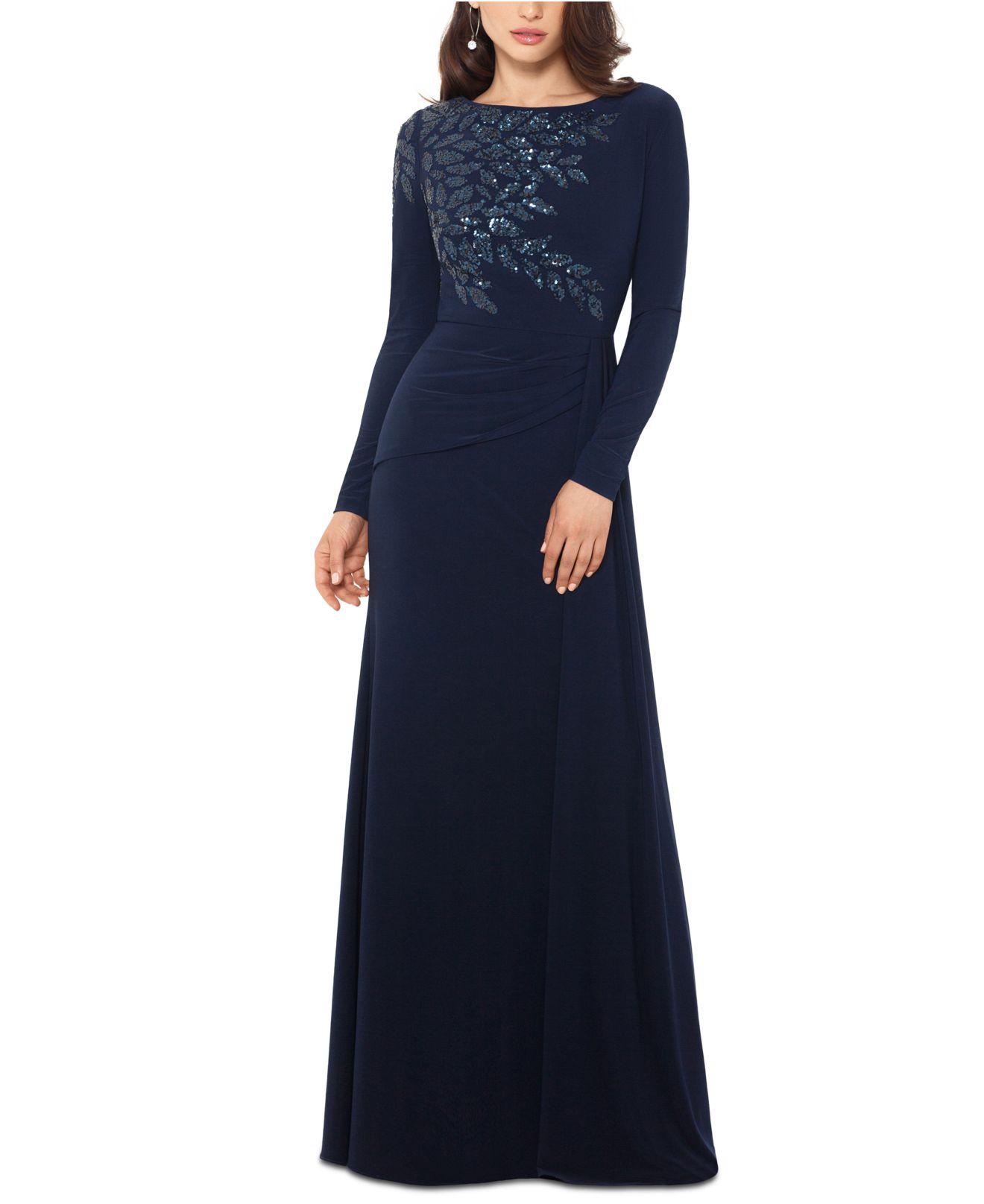 Xscape Synthetic Long-sleeve Sequin-shoulder Gown in Navy (Blue) - Save 6% - Lyst