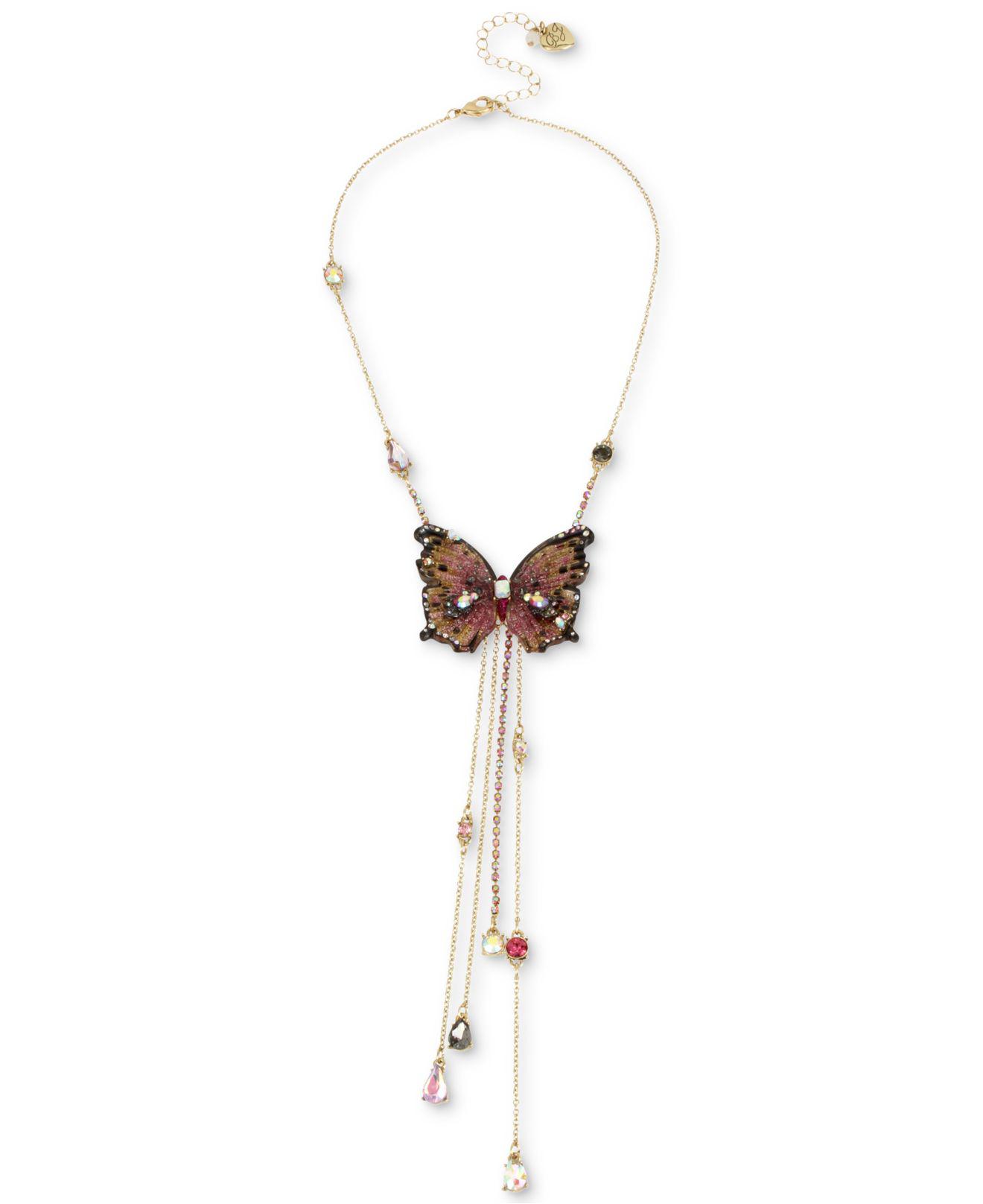 Betsey Johnson Goldtone Bead & Butterfly 16" Lariat Necklace in Pink