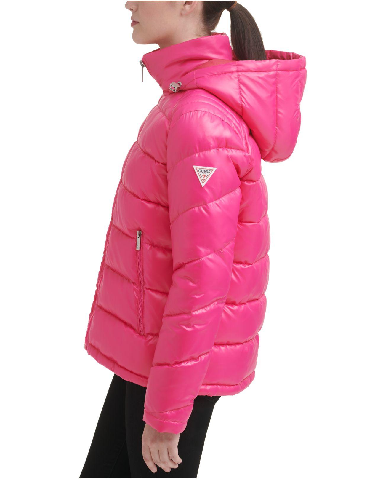 Guess High-shine Hooded Puffer Coat in Pink | Lyst