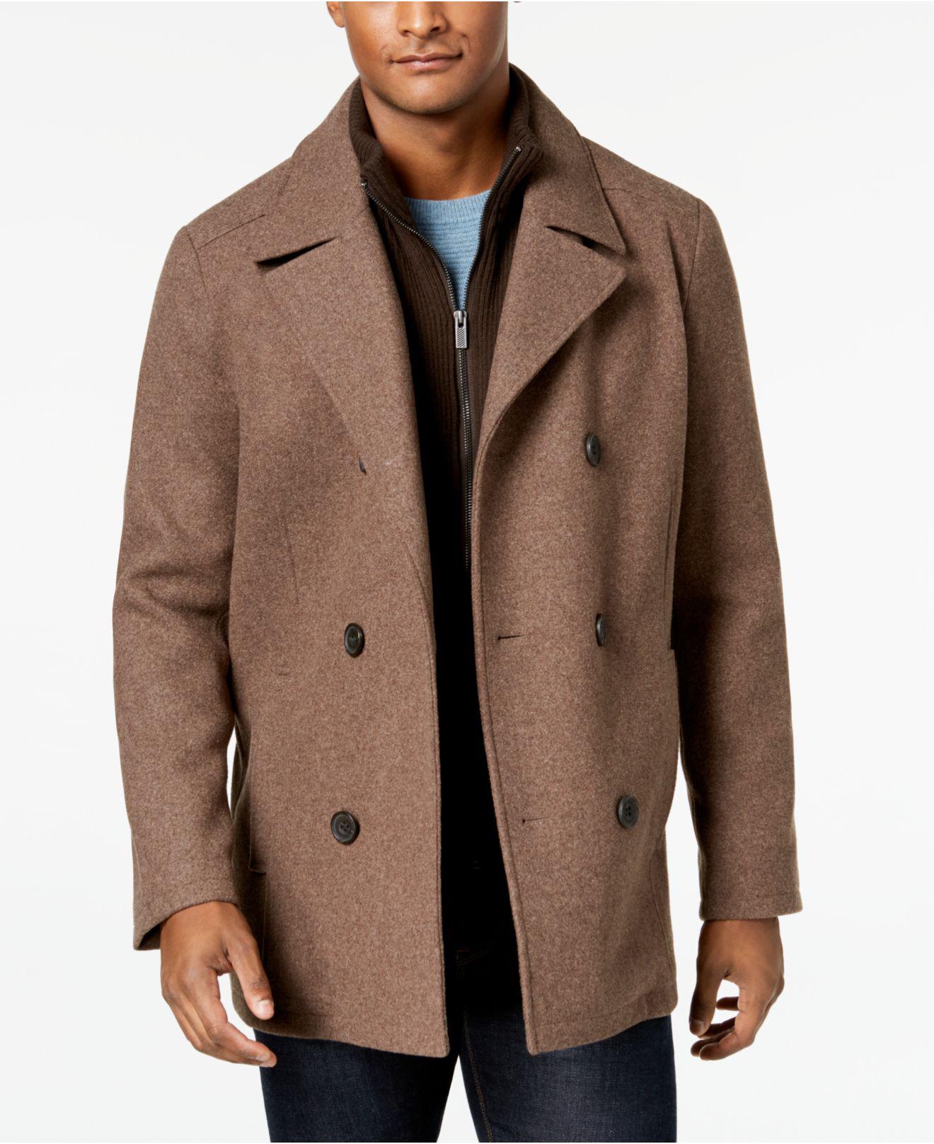 Kenneth Cole Double Breasted Wool Blend Peacoat With Bib in Brown for Men |  Lyst