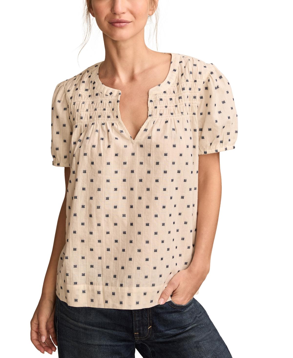 ◇typeservice◇ Lucky Puff Sleeve Top White Lucky Brand Women's Relaxed Lace Open Neck Shirt, Bright