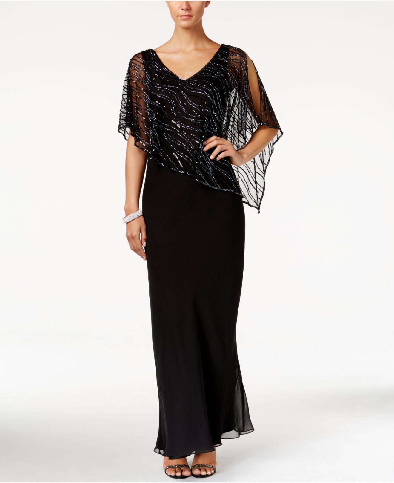 J Kara Embellished Illusion overlay Crepe Gown in Black Lyst
