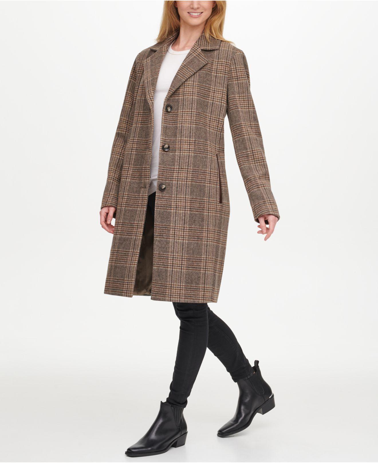 DKNY Wool Plaid Walker Coat, Created For Macy's in Brown Lyst
