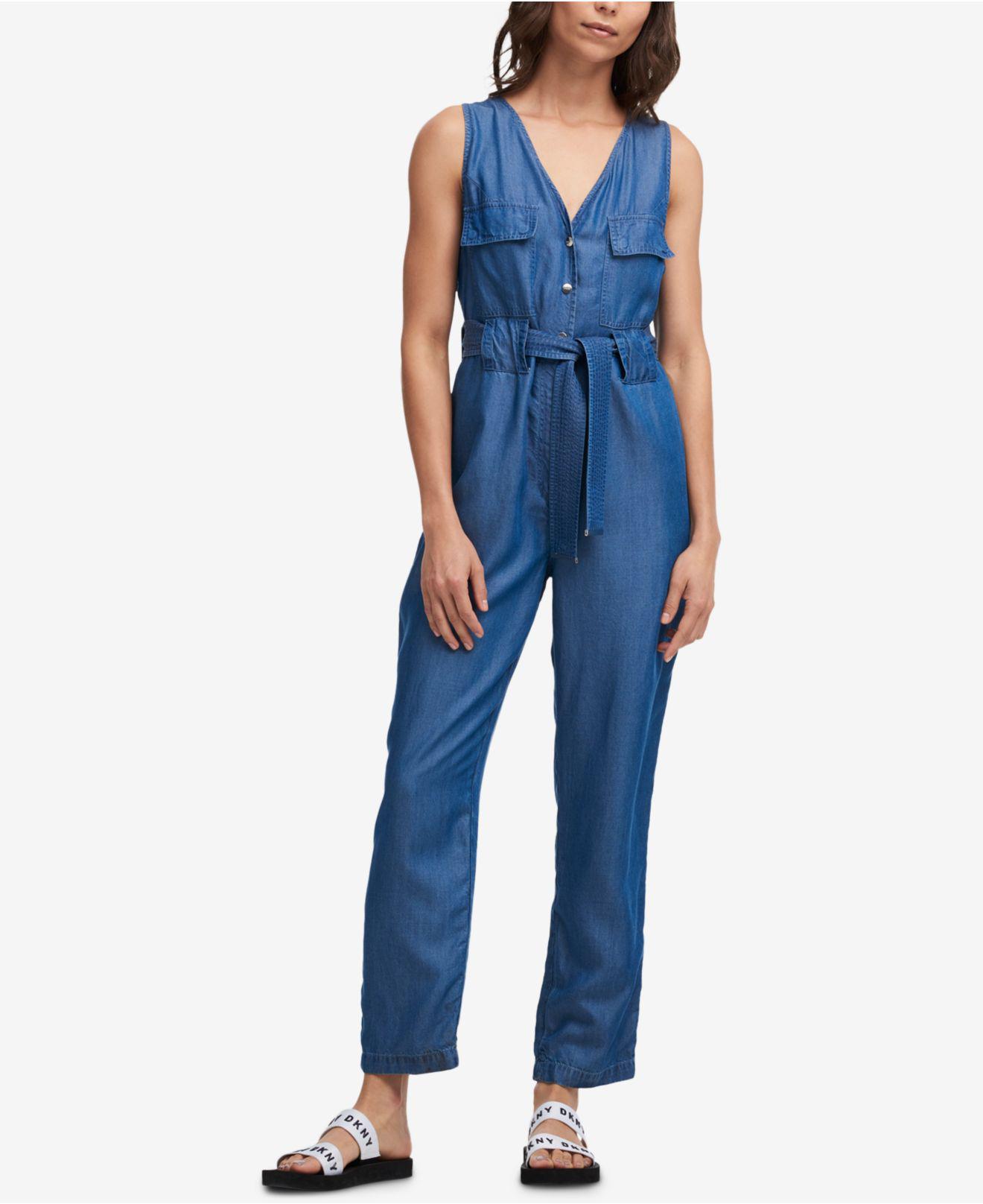 DKNY Belted Jumpsuit in Blue | Lyst