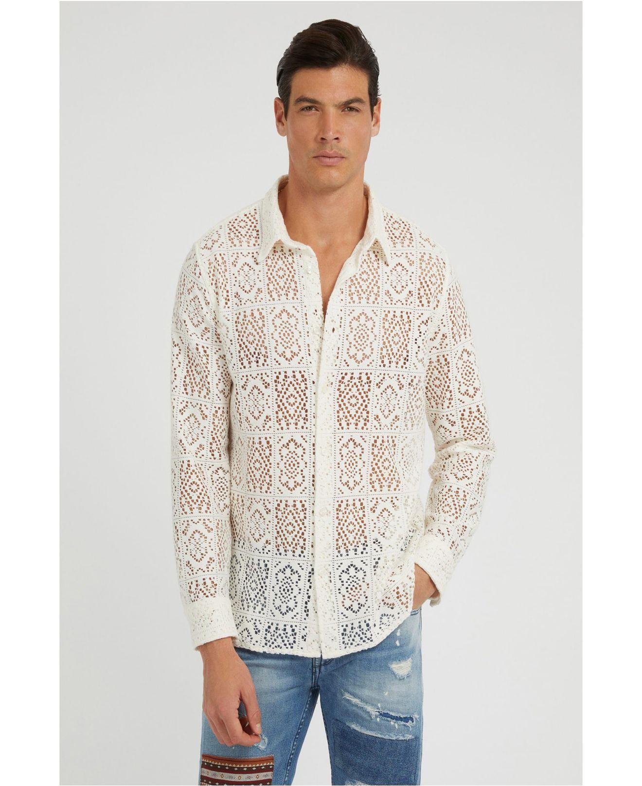 Guess Long Sleeve Craft Crochet Shirt in White for Men | Lyst
