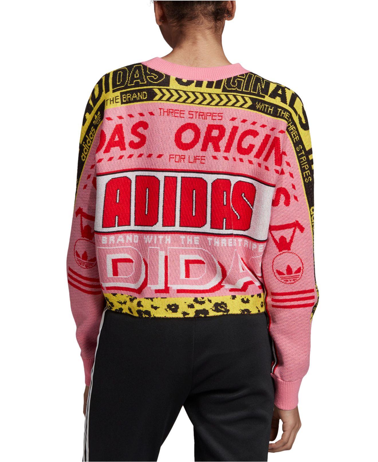 adidas Synthetic Logo Intarsia Cropped Jumper in Pink - Lyst