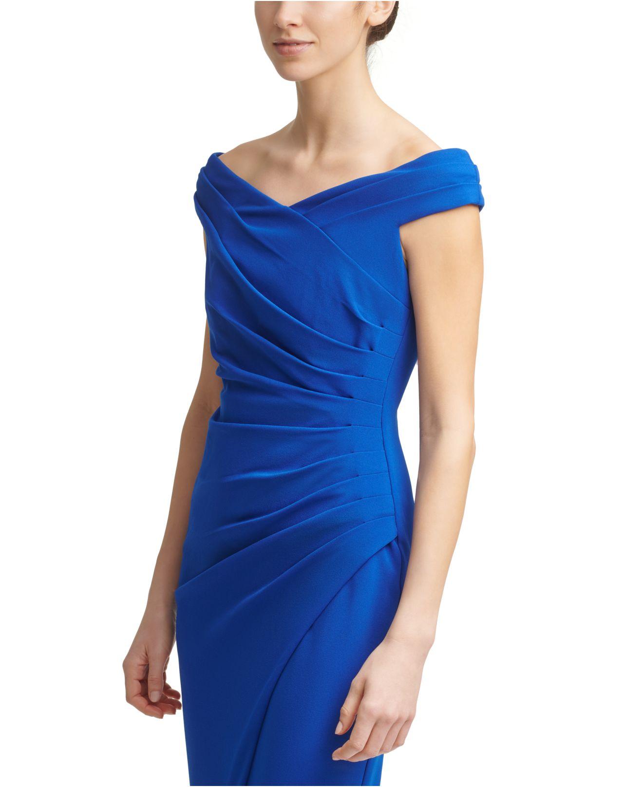 Calvin Klein Off-the-shoulder Ruched Gown in Blue | Lyst
