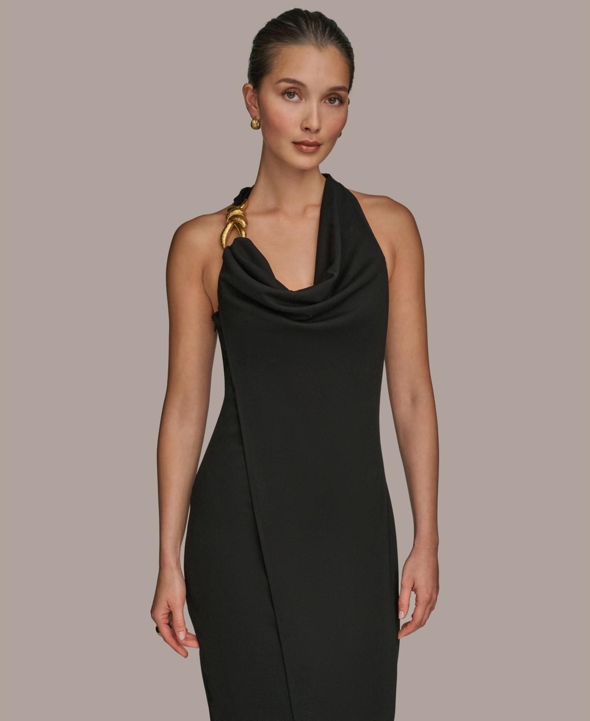 Donna Karan Jersey Asymmetrical Cowl-neck Hardware Midi Dress in Black |  Lyst