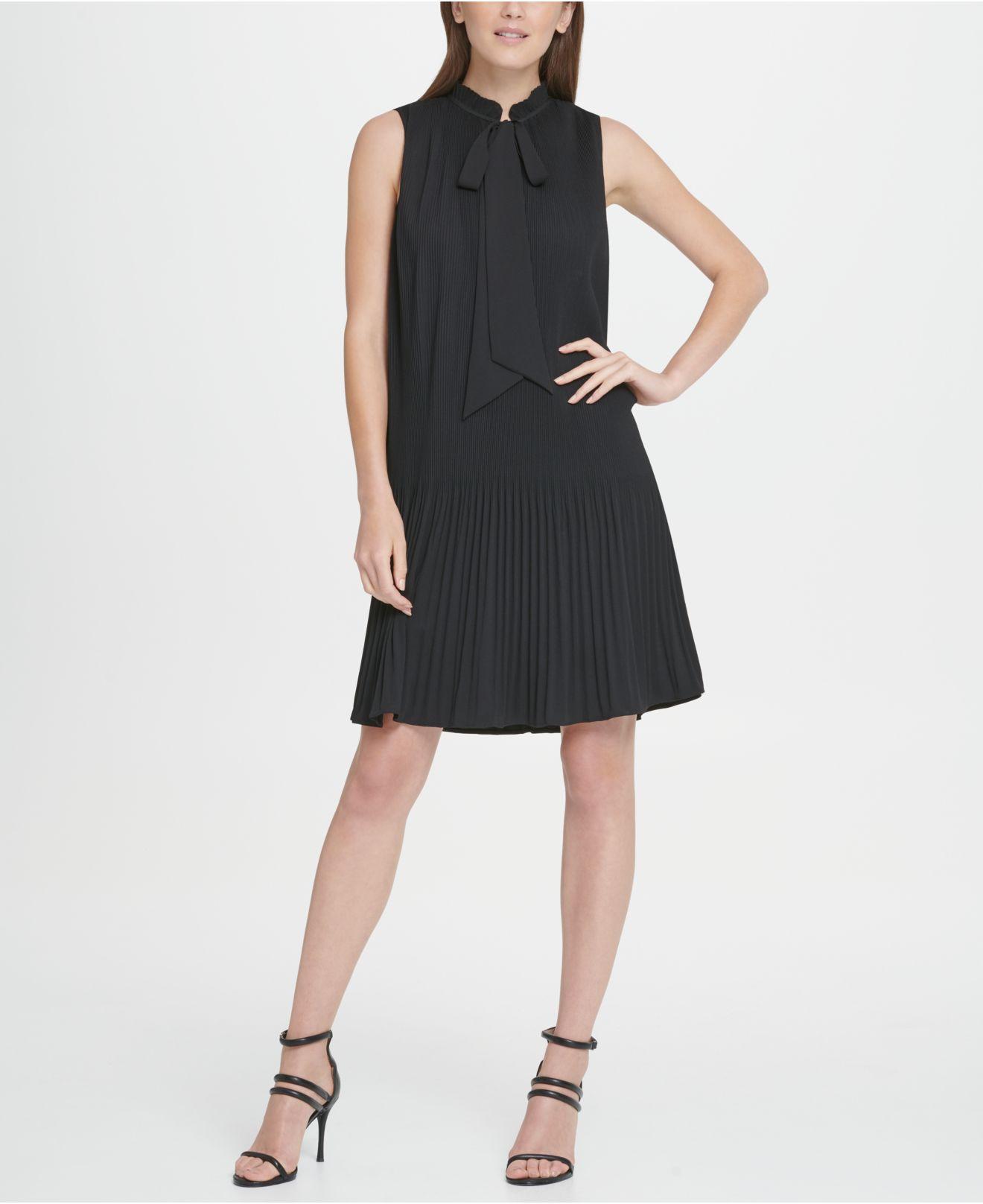 dkny long sleeve tie neck pleated shift dress