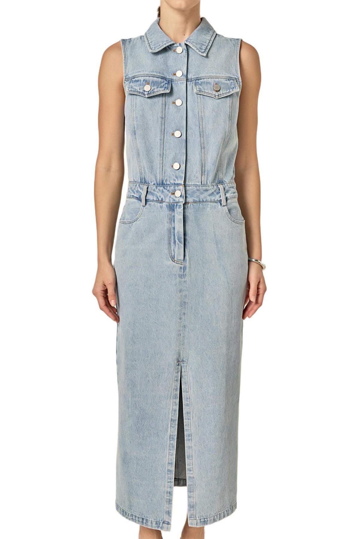 grey lab denim button up maxi dress Stylish Button-Front Denim Maxi Dress in Two Washes Rhinestones-N-Rawhide