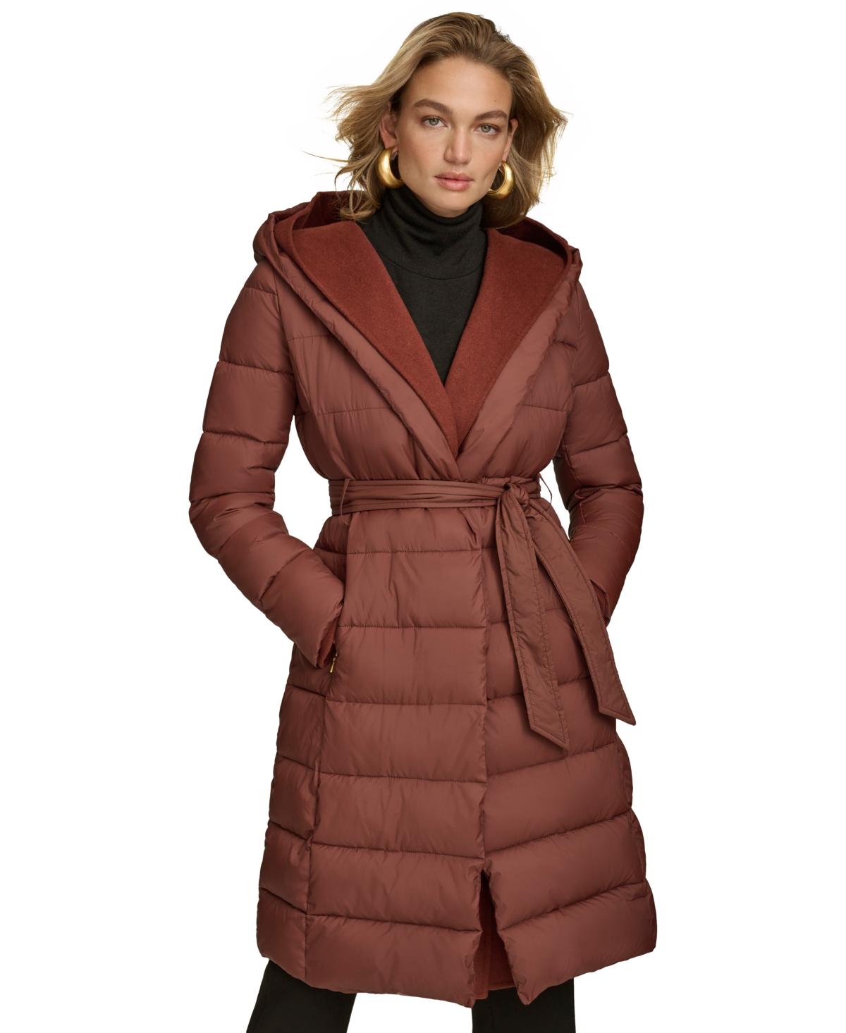 Donna Karan Belted Hooded Puffer Coat in Red Lyst