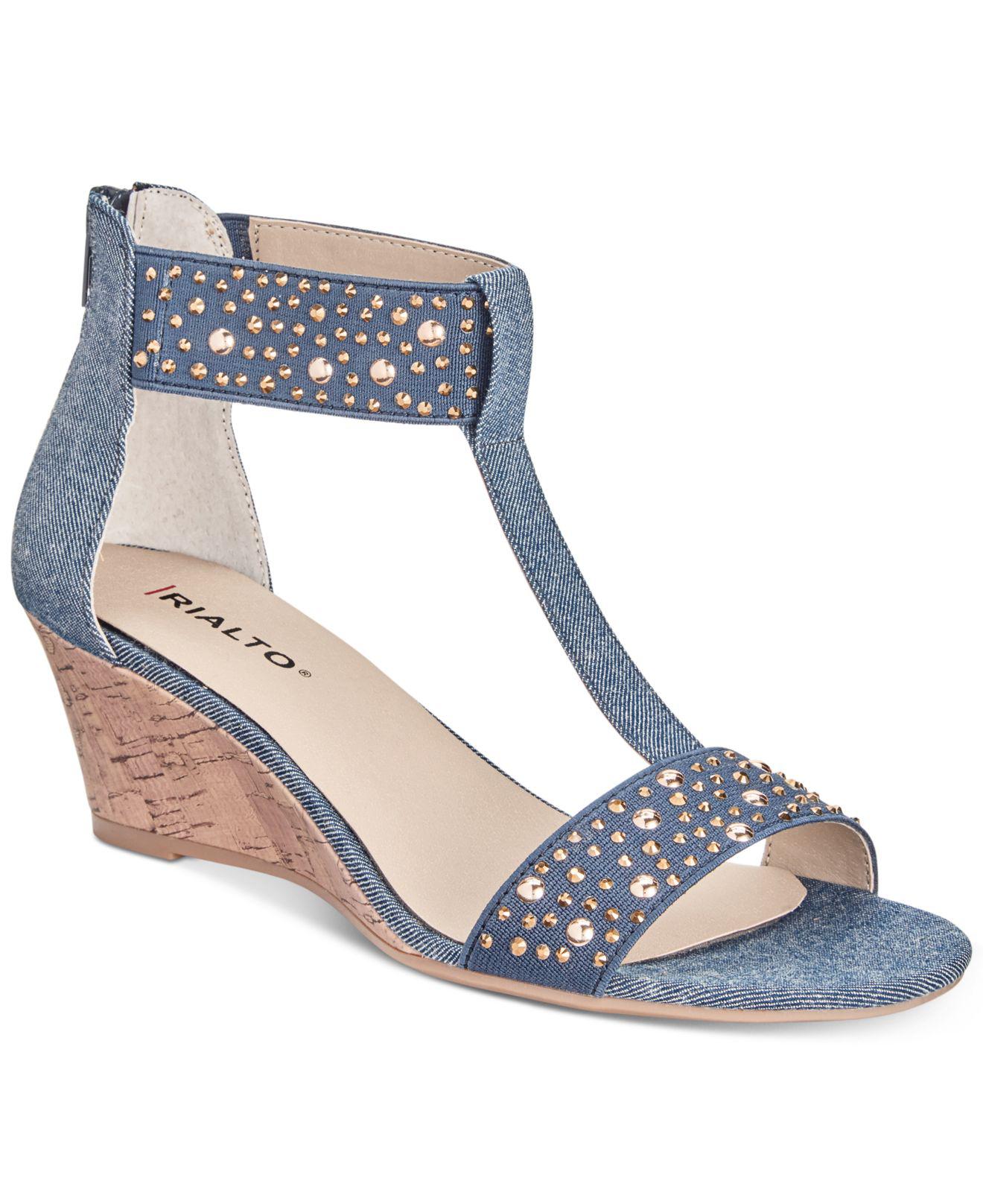 Rialto Linen Cleo Embellished Wedge Sandals in Dark Blue Rialto Linen Cleo Embellished Wedge Sandals in Dark Blue