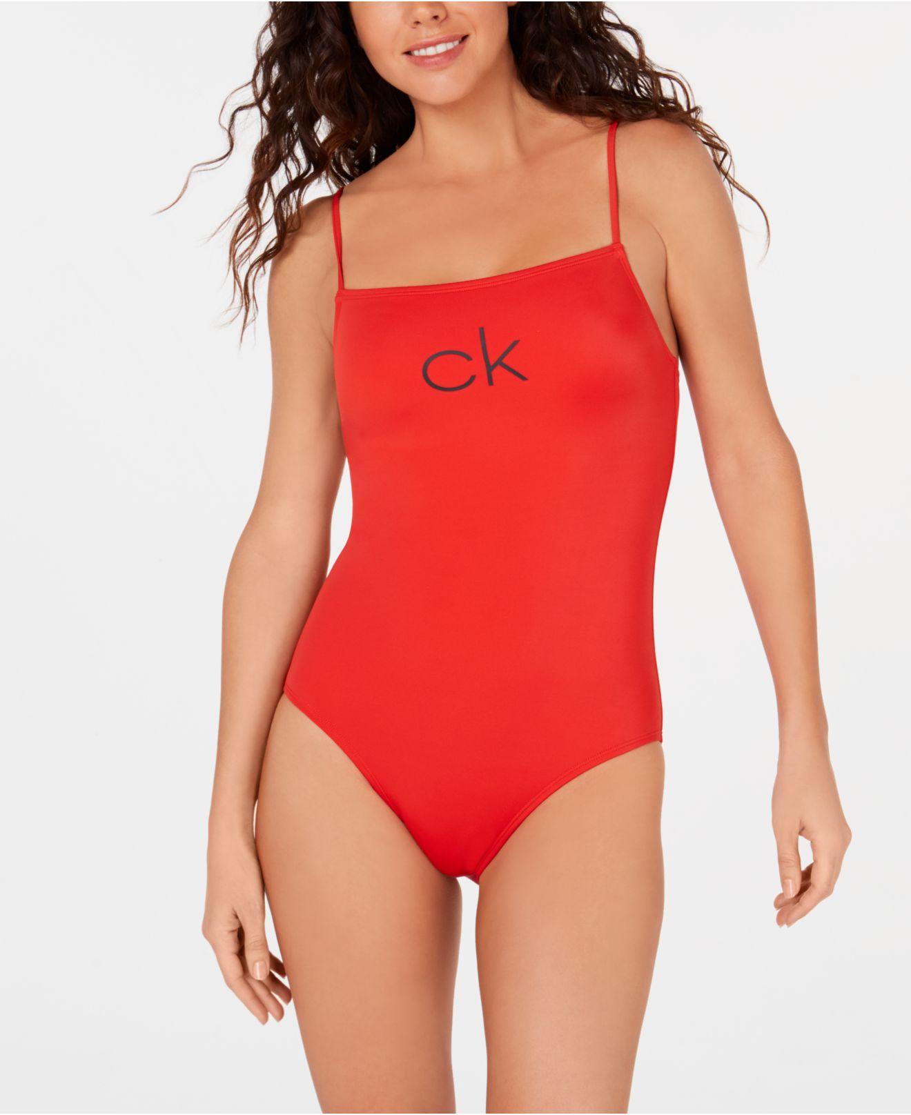 Calvin Klein Logo Straight-neckline One-piece Swimsuit in Red | Lyst