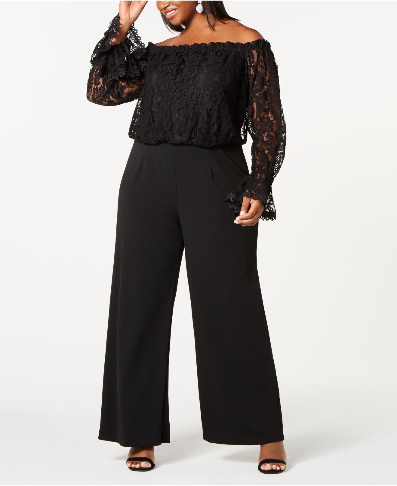 Adrianna Papell Plus Size Off-the-shoulder Lace Jumpsuit in Black - Lyst