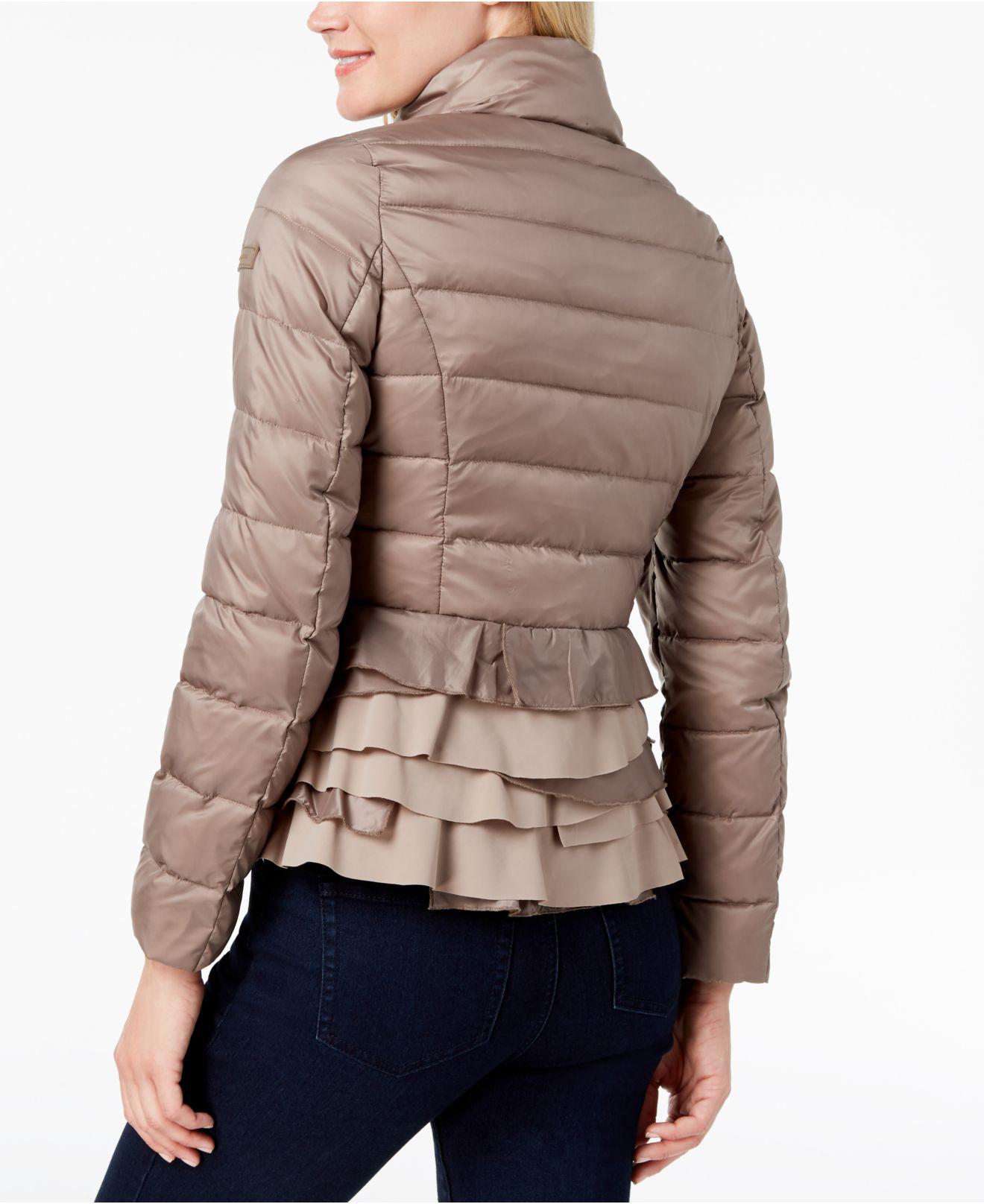 tahari zoey ruffle hem coat