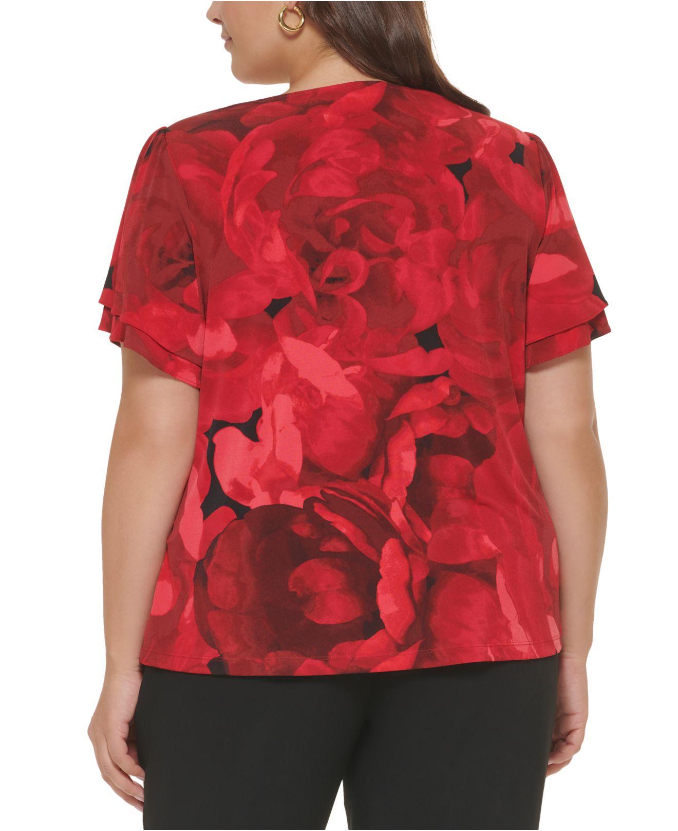 Lyst Floral-print Red Calvin Top Size Flutter-sleeve Plus Klein | in