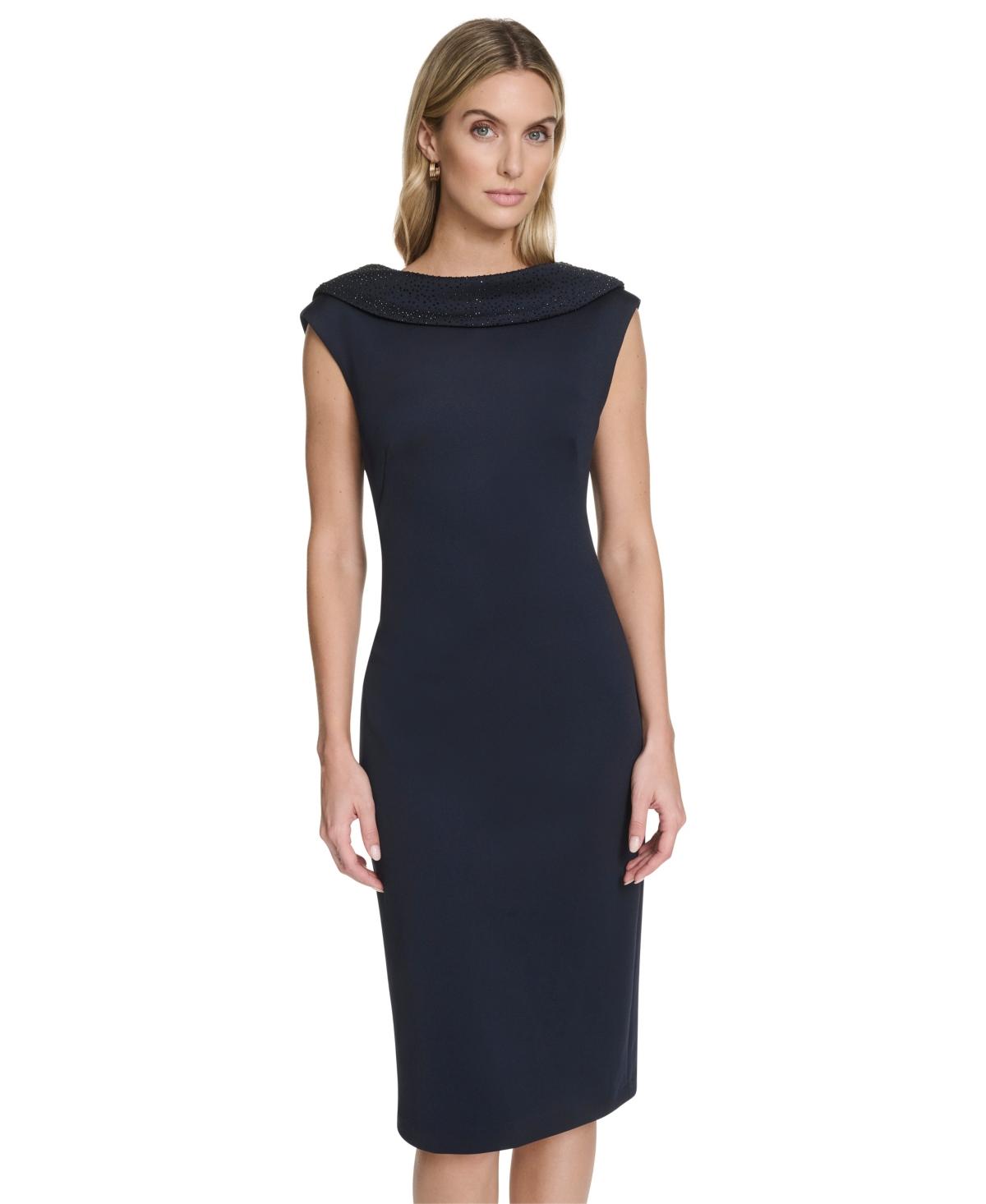 calvin klein navy blue sheath dress Calvin Klein Scuba Crepe Dress with Chiffon Bell Sleeves Indigo 2 at Amazon Women's Clothing store