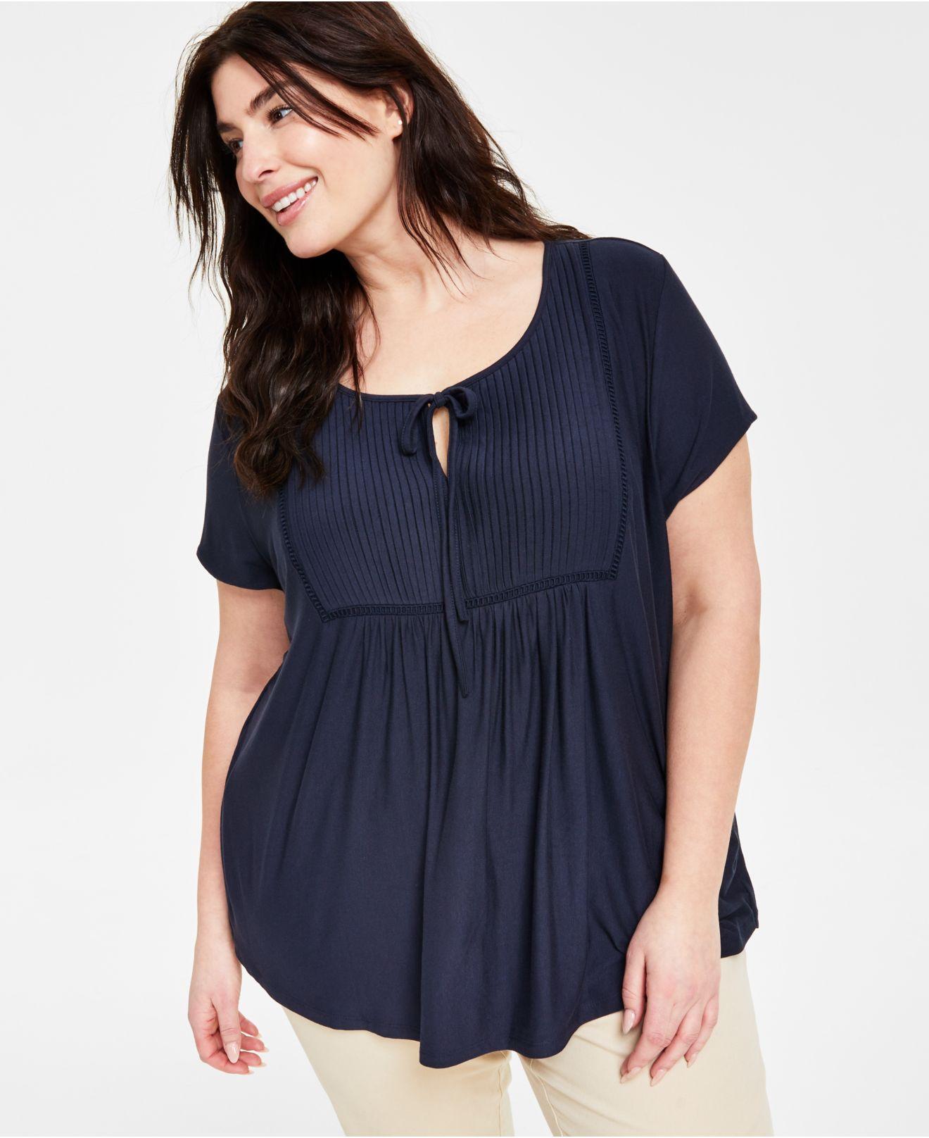 Tommy Hilfiger Plus Size Solid Short-sleeve Pintuck Top in Blue | Lyst