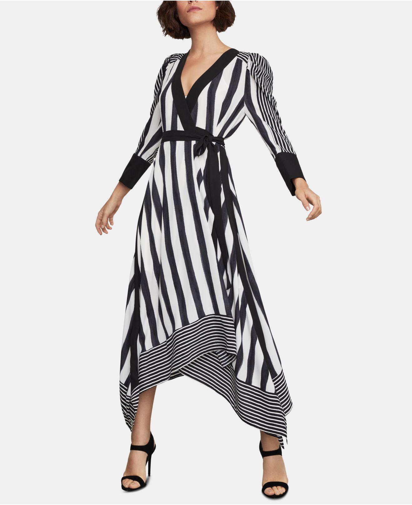 BCBGMAXAZRIA Synthetic Stripe Faux Wrap Dress in Black White (Black) | Lyst