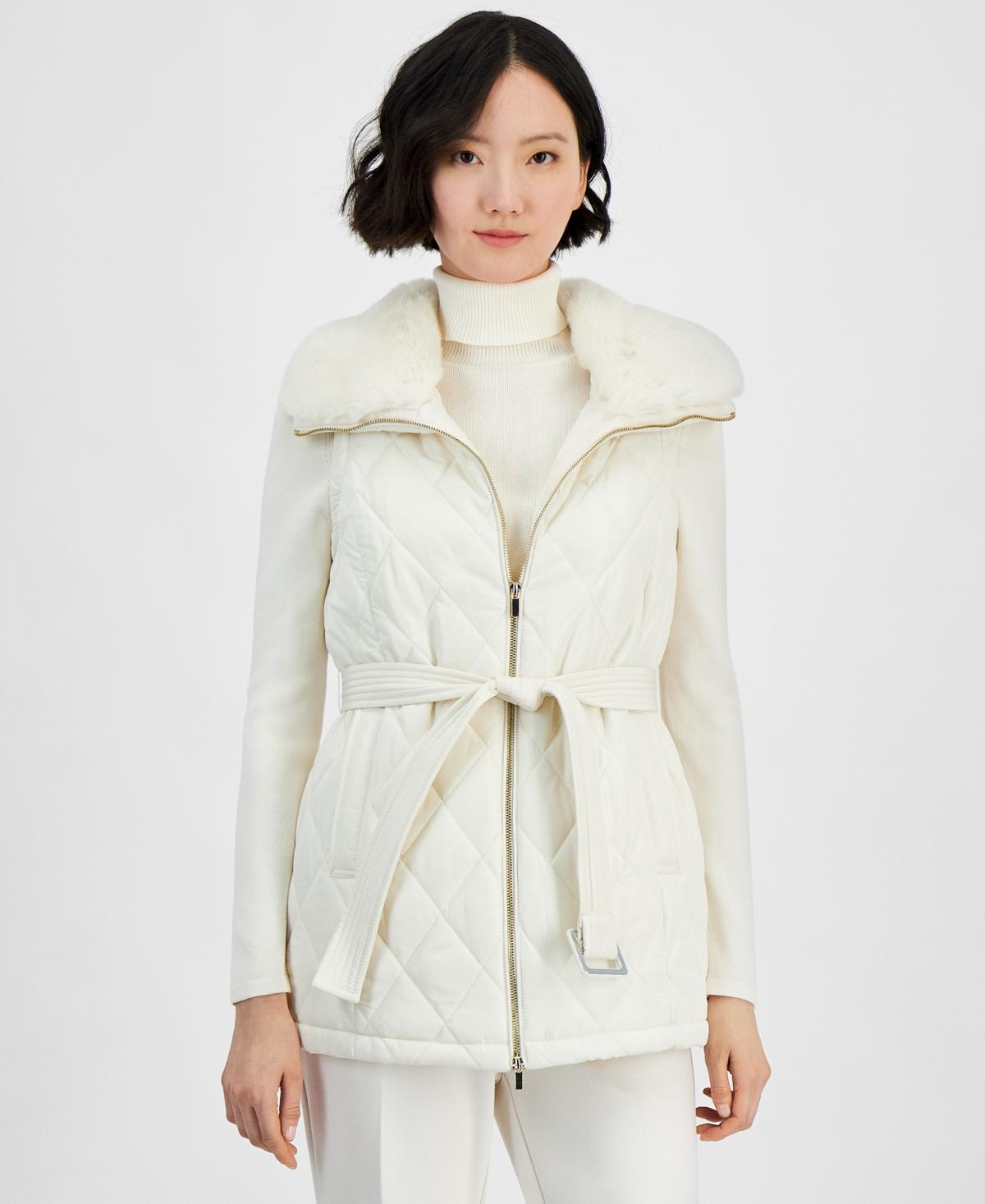 Anne Klein Faux fur collar Quilted Vest in White Lyst