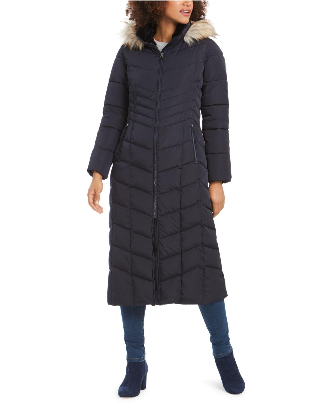 Calvin Klein Hooded Faux-fur-trim Maxi Puffer Coat in Navy (Blue) - Lyst