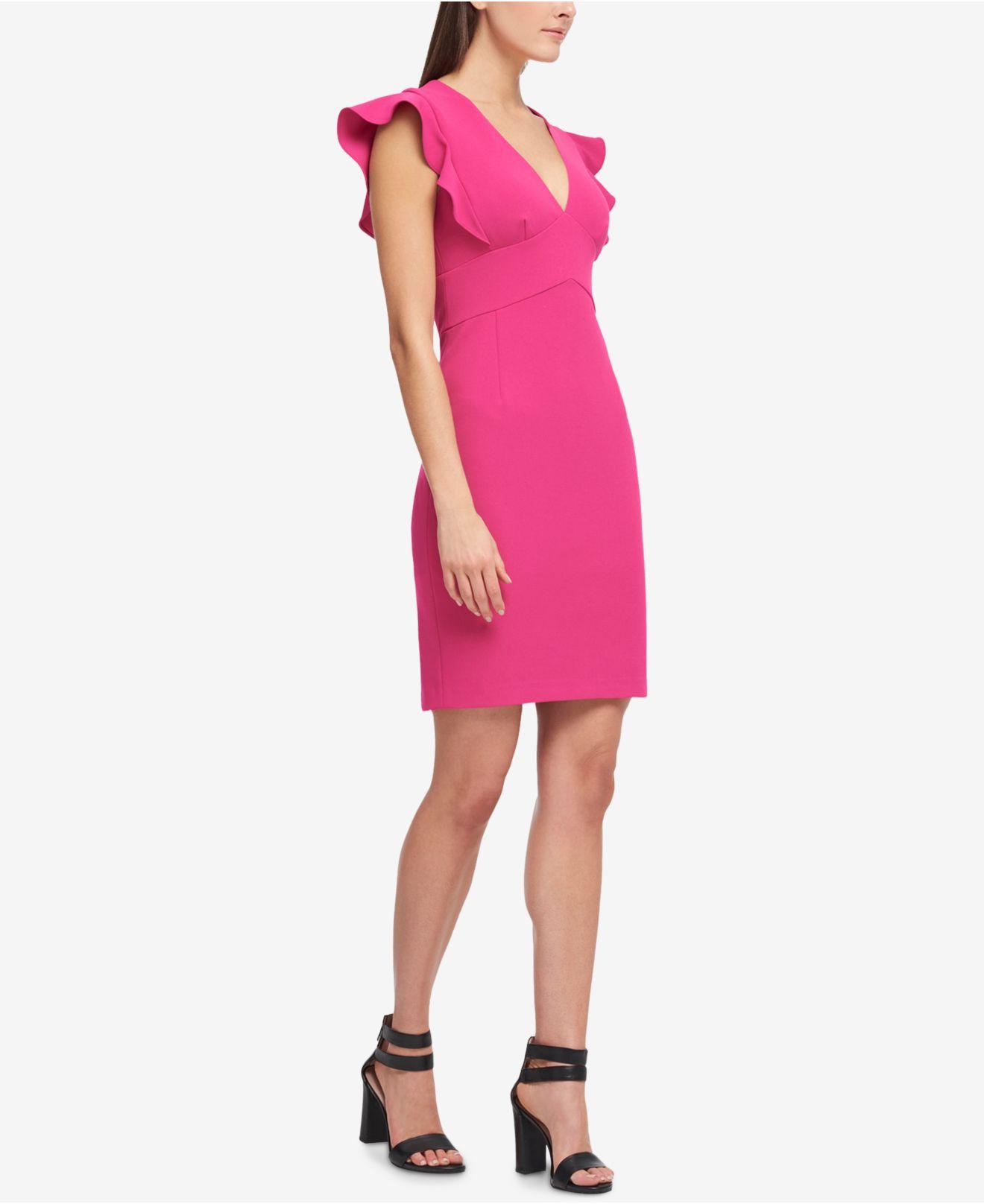 DKNY Synthetic V-neck Ruffle Cap Sleeve Sheath Dress in Pink | Lyst