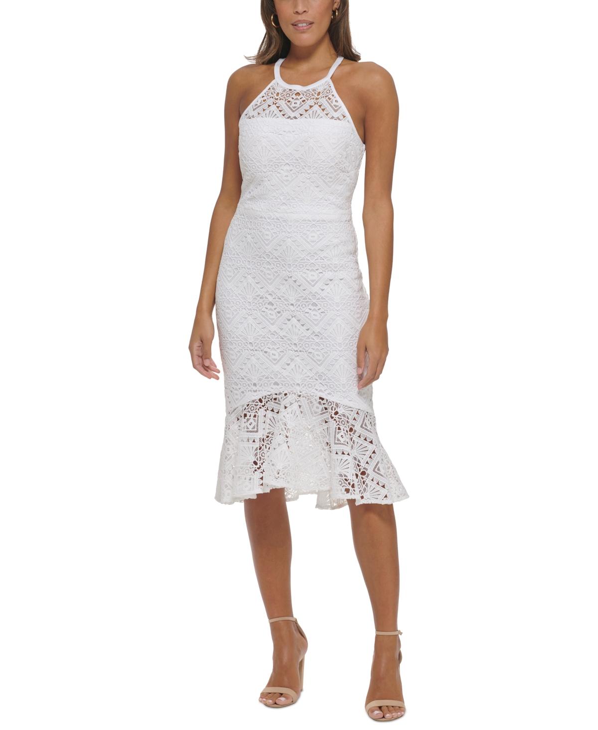 Guess Geo Lace Flounce-hem Sheath Dress in White