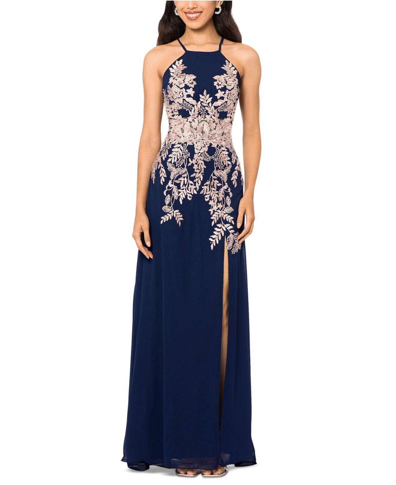 Betsy & Adam Embellished Appliquéd Halter Gown in Blue Lyst