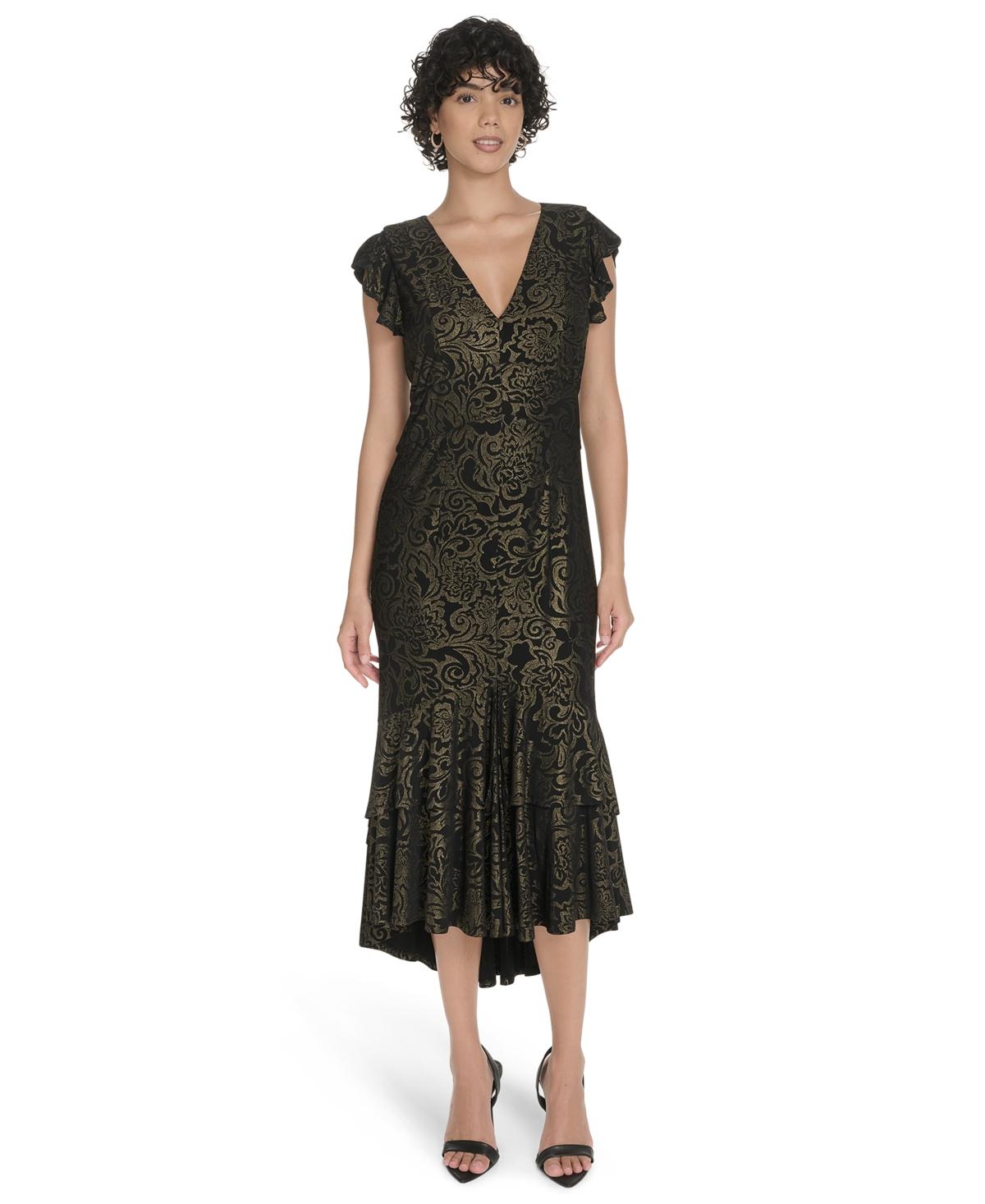 tommy hilfiger black and gold dress Tommy Hilfiger Women's Petite Chiffon Burnout Trapeze Dress (0P, Gold/Black)