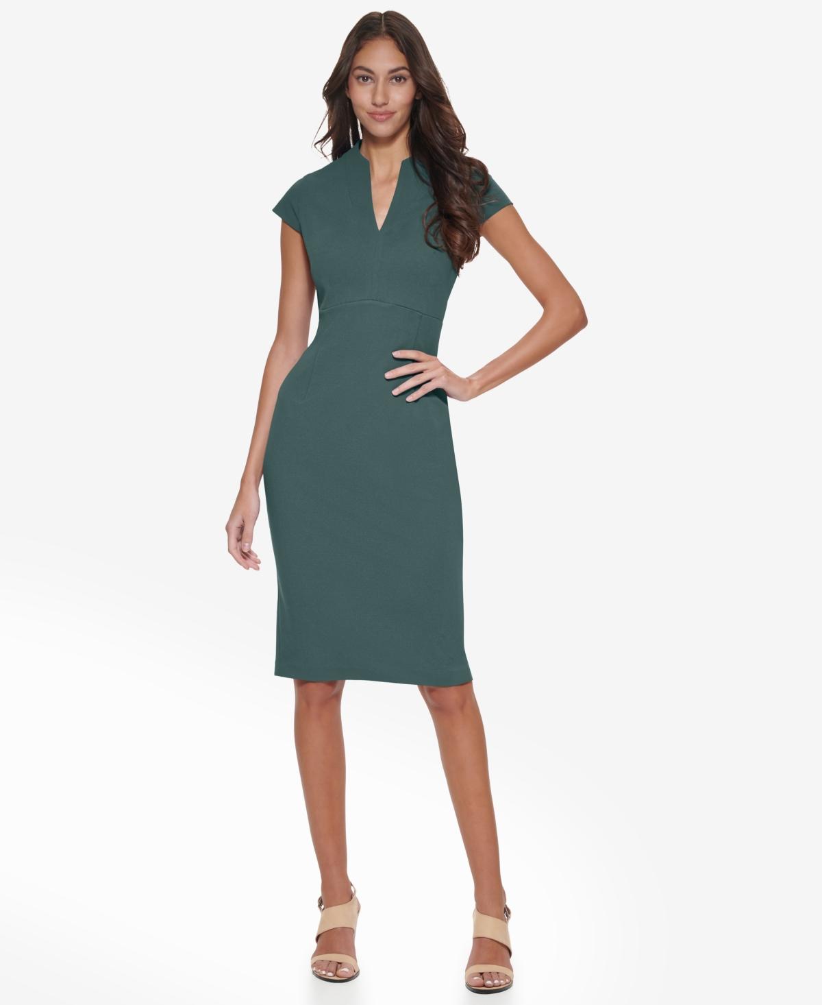 green emerald velvet dress Calvin Klein Sleeveless Seamed Sheath with Tie Neck Deep Black at Amazon  Women's Clothing store main image 0