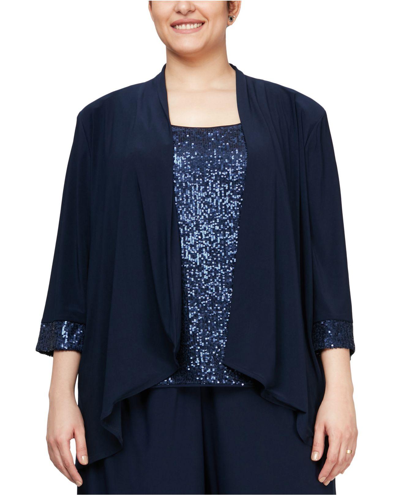 Alex Evenings Synthetic Plus Size Cascade Ruffle Jacket & Sequinned Tank Top Set in Dark Navy