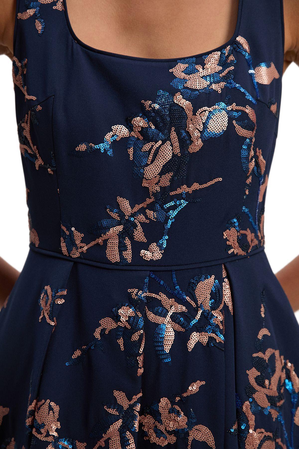 karen millen blue sequin dress Blue Tall Halter Neck Feather Sequin Detail Woven Maxi Dress