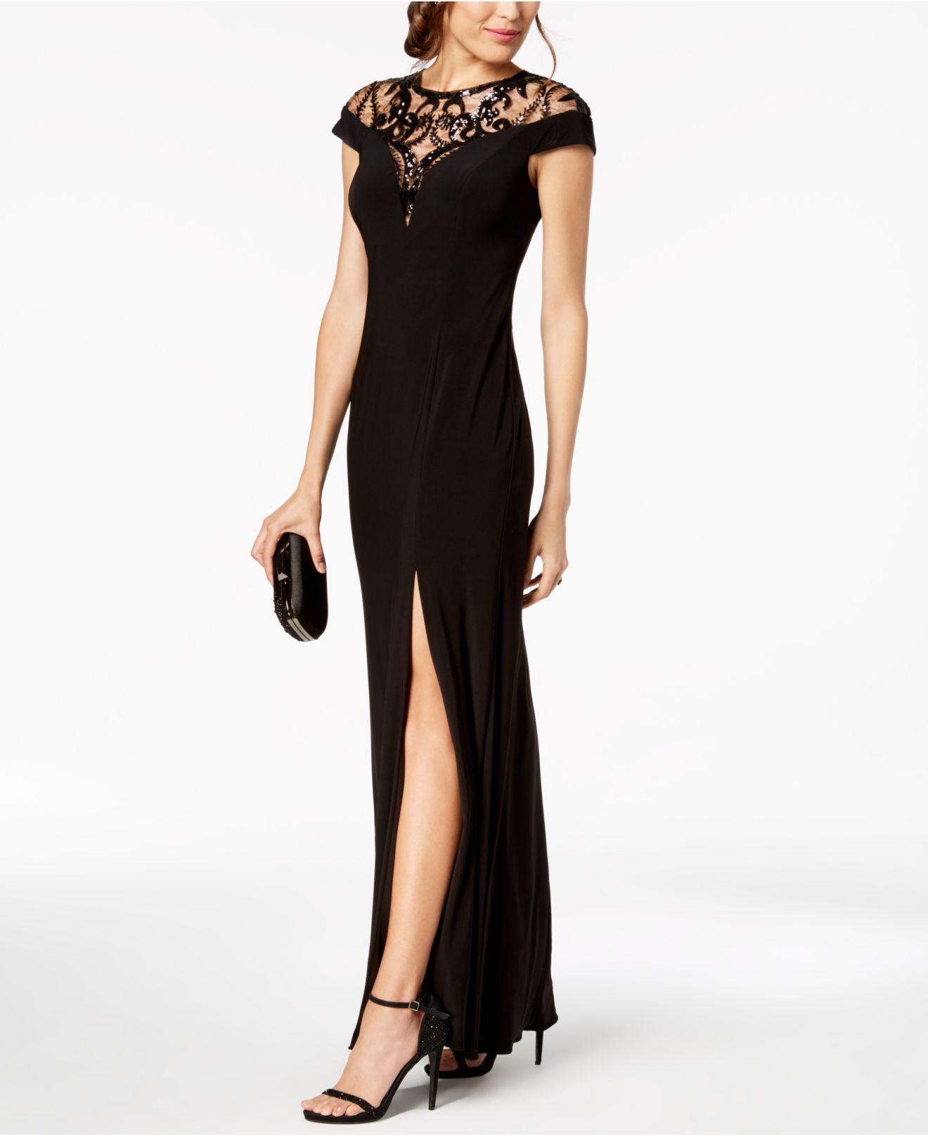 Adrianna Papell Synthetic Papell Sequin Embellished Illusion-lace Gown in  Black - Lyst