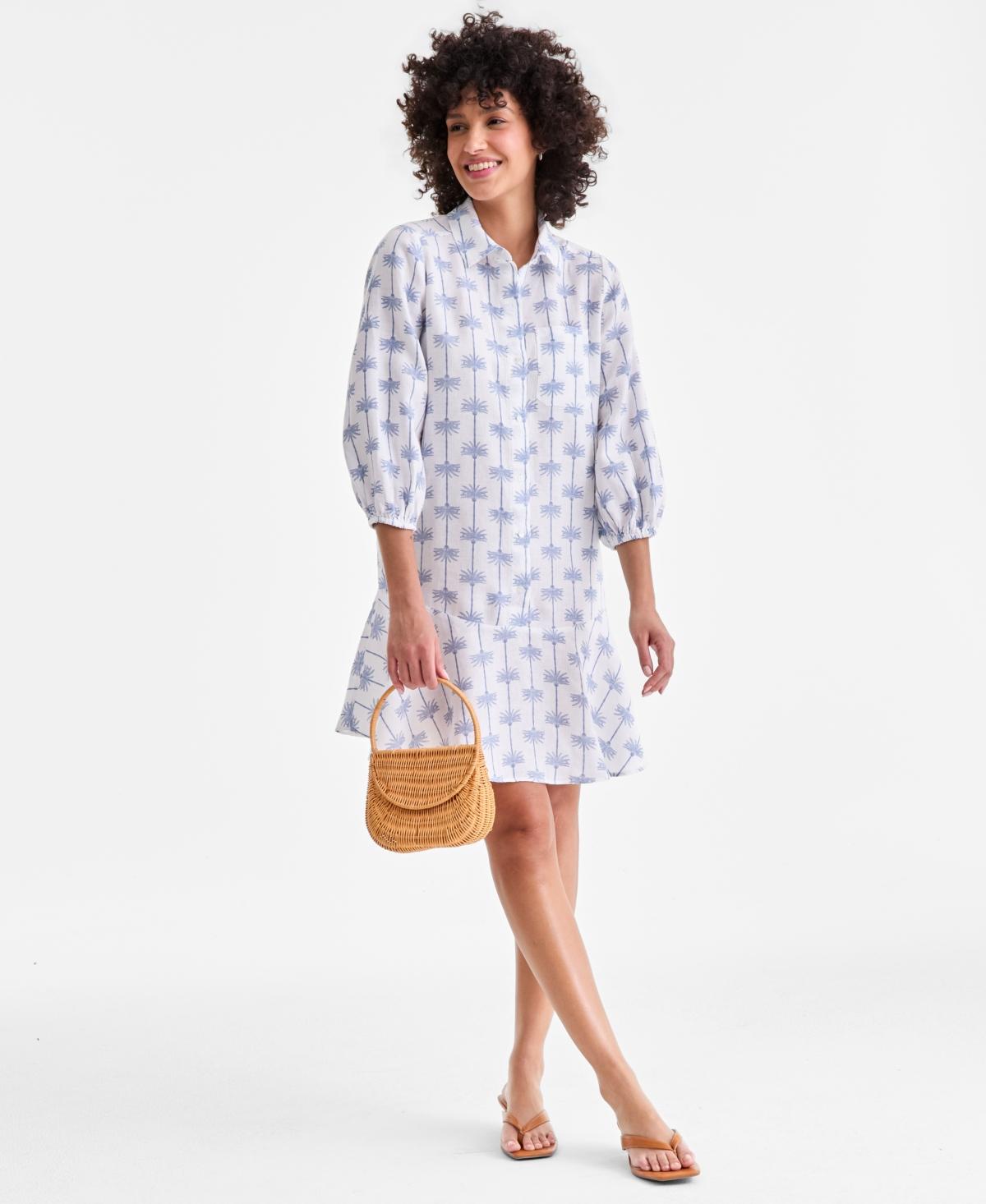 charter club linen dress Charter Club 100% Linen Print Button-front 3/4-sleeve Dress in White