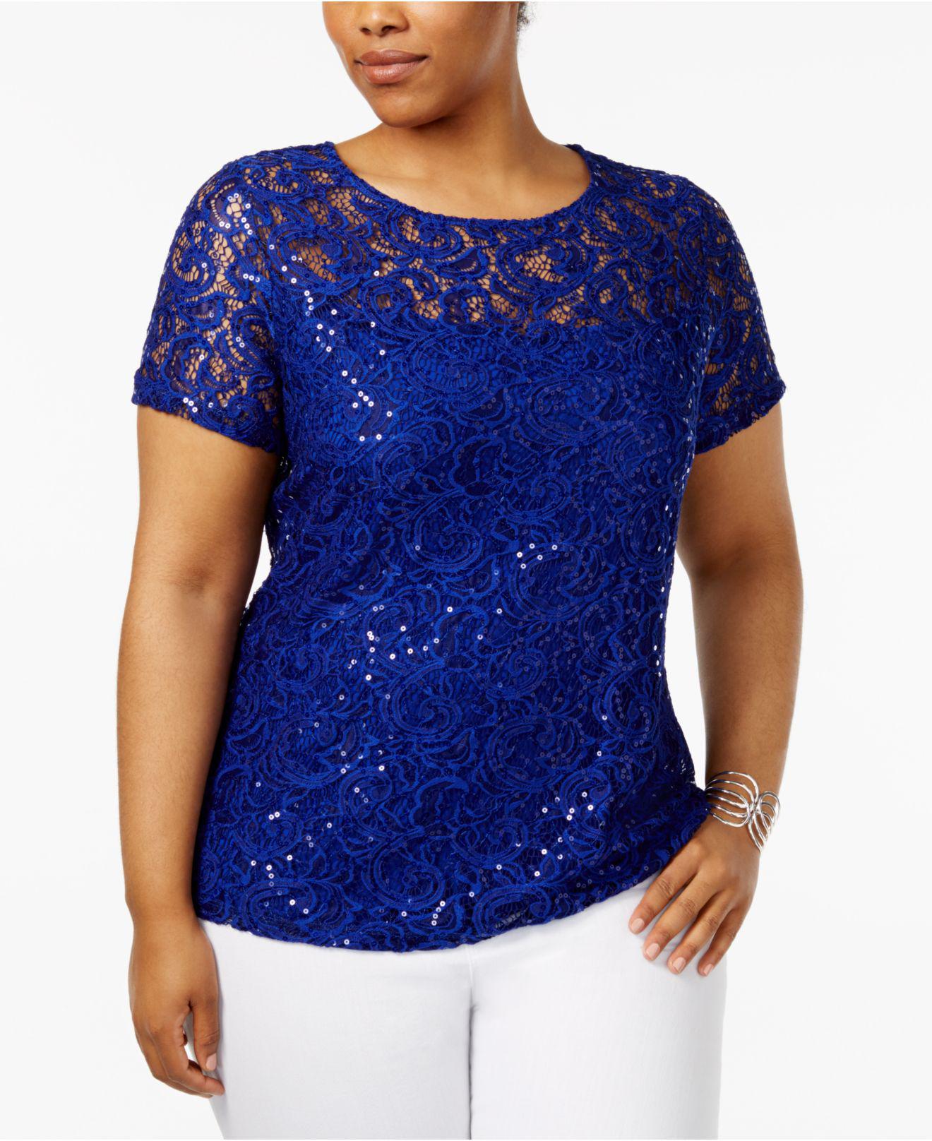 Albany Livlig køber INC International Concepts Plus Size Sequin Lace Top in Blue | Lyst