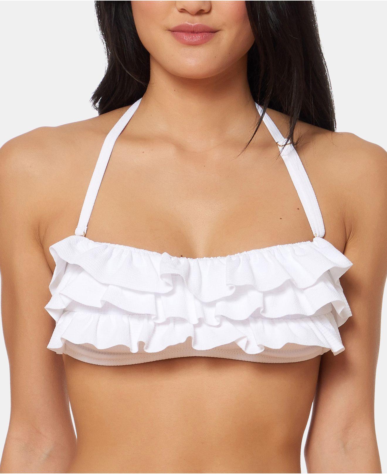 Jessica Simpson Solid Ruffle Bandeau Bikini Top in White | Lyst