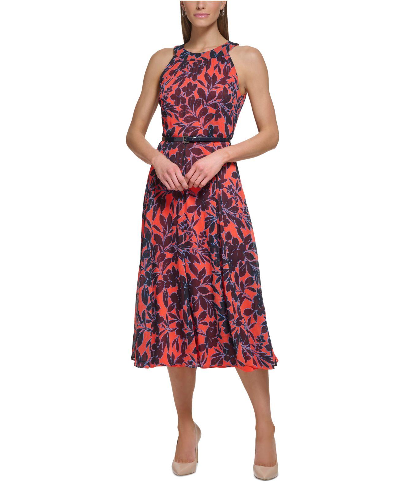 Tommy Hilfiger Floral Chiffon Halter Belted Midi Dress in Red | Lyst
